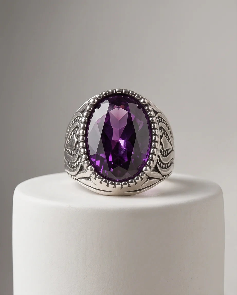 Violet Gemstone Beaded Frame Filigree Silver Ring
