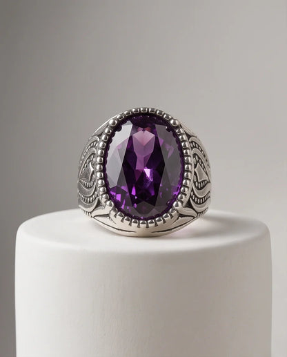 Violet Gemstone Beaded Frame Filigree Silver Ring