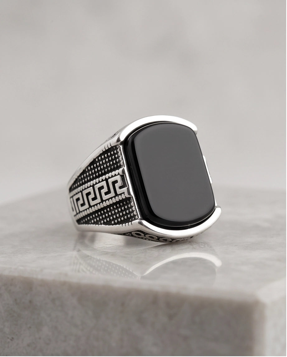 Onyx Gemstone Cushion Cabochon Greek Key Stippled Silver Ring