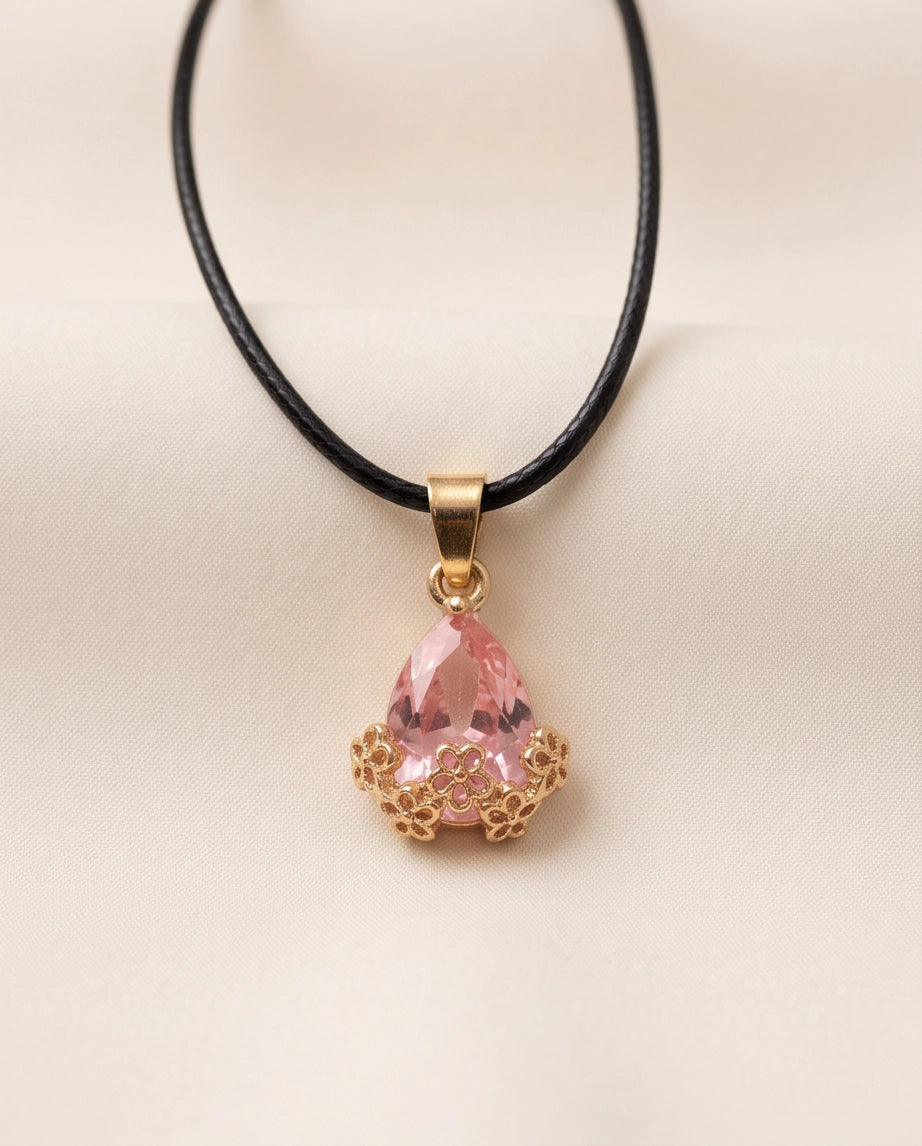 Gold Pink Teardrop Floral Basket Pendant Necklace