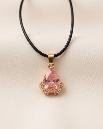 Gold Pink Teardrop Floral Basket Pendant Necklace