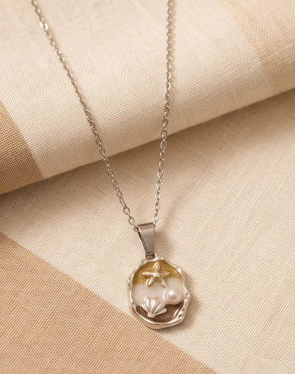 Silver Gold Seashell Starfish Pearl Enamel Medallion Chain Necklace