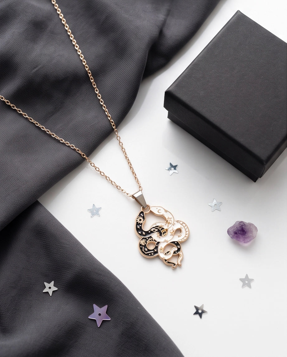 Gold Dual Serpent Celestial Enamel Pendant Necklace