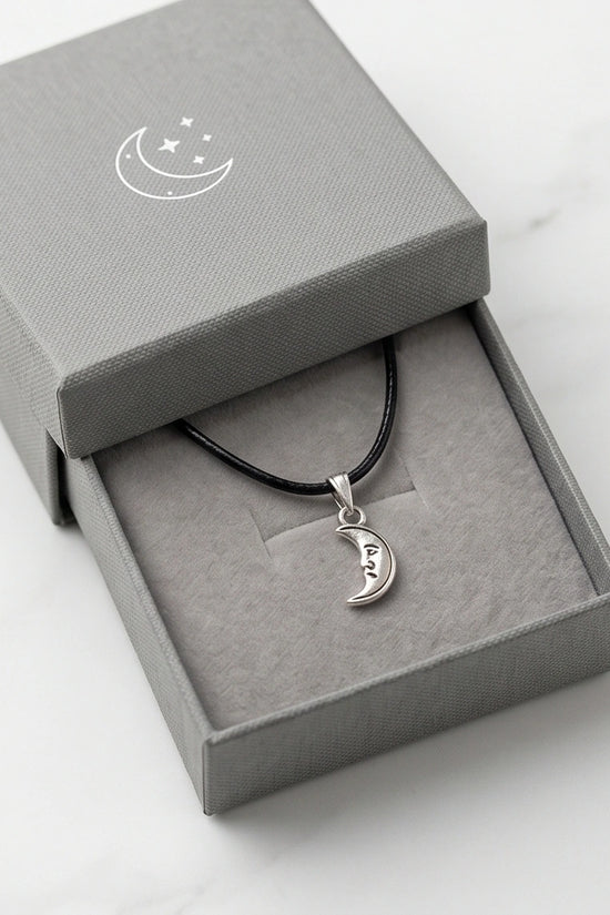 Silver Vintage Crescent Moon Face Necklace