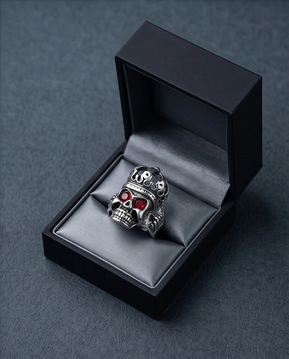 Ruby-Eyed Crowned Skull Ring