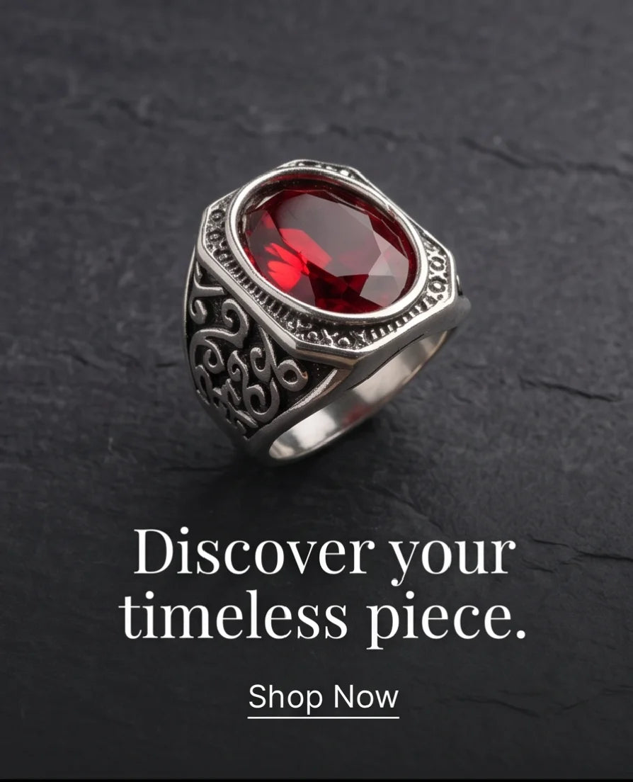 Crimson Gemstone Octagonal Bezel Scrollwork Silver Ring