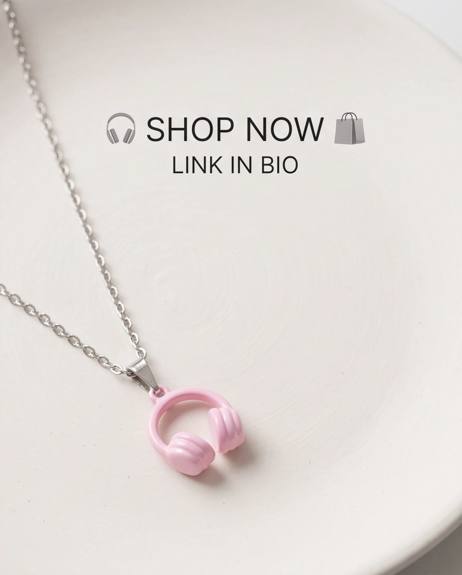 Pastel Pink Headphones Enamel Pendant Necklace