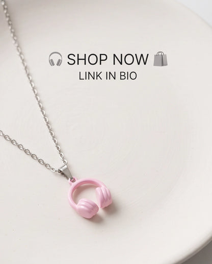 Pastel Pink Headphones Enamel Pendant Necklace
