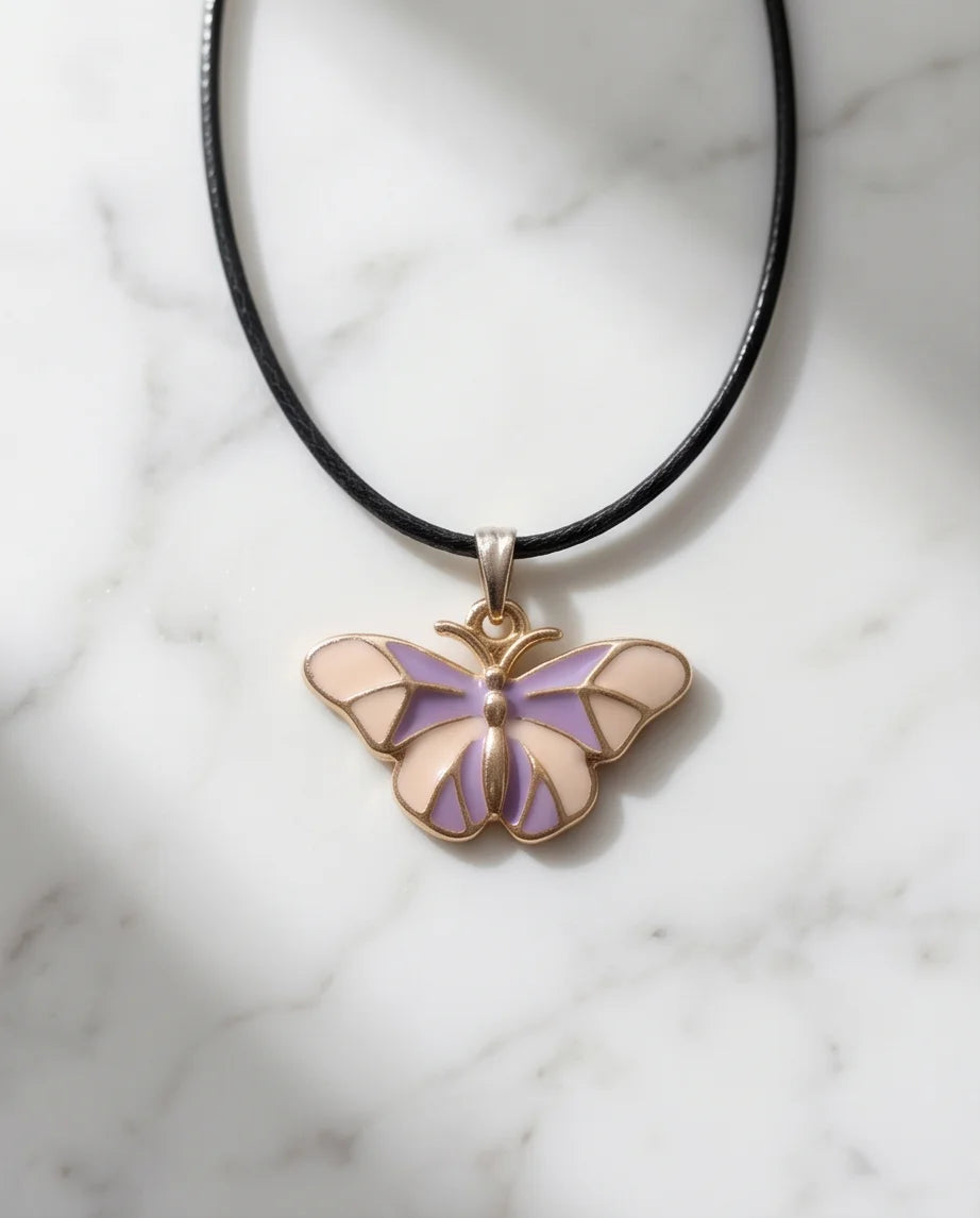 Pink & Lavender Enamel Butterfly Pendant Necklace
