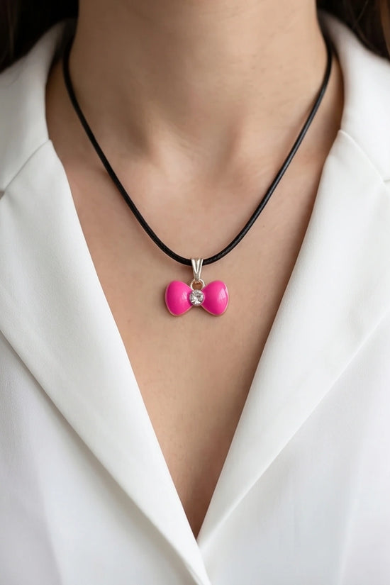 Gold and Pink Crystal Bow Necklace