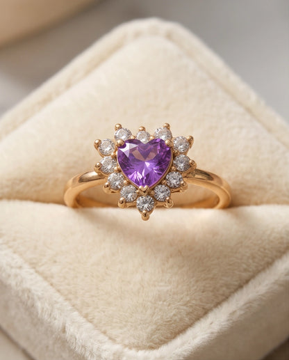 Gold Purple Heart Gemstone Halo Ring