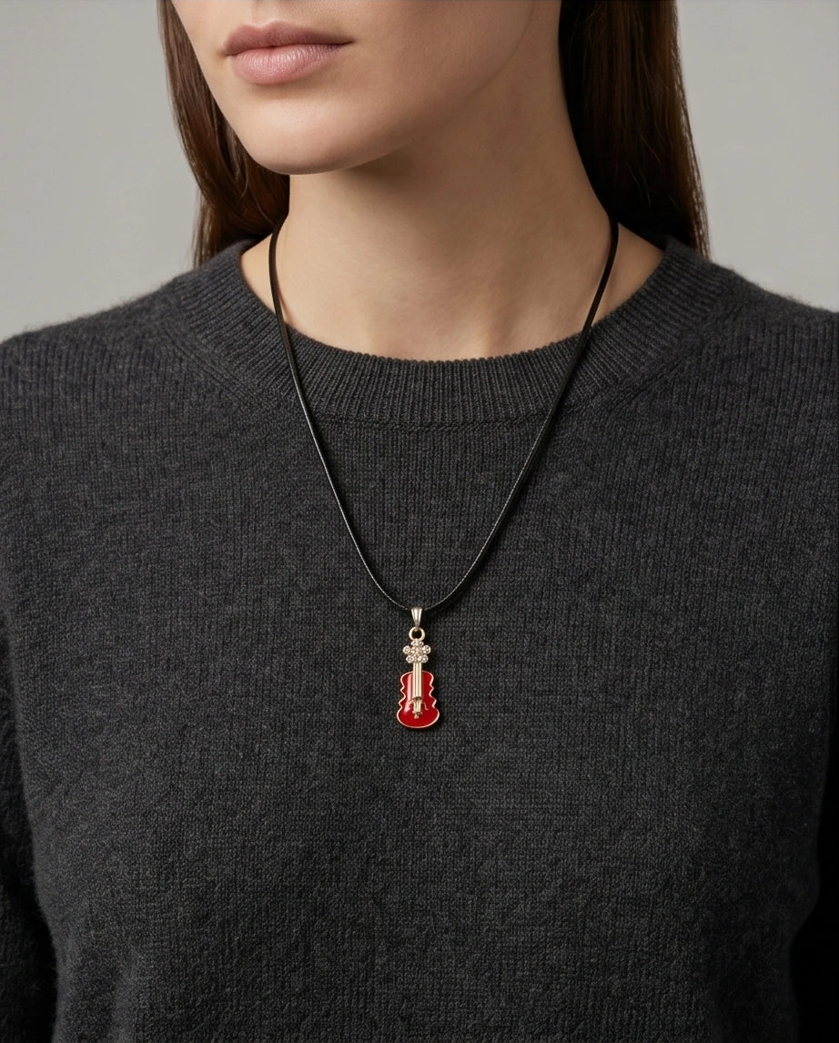 Gold and Red Enamel Violin Necklace