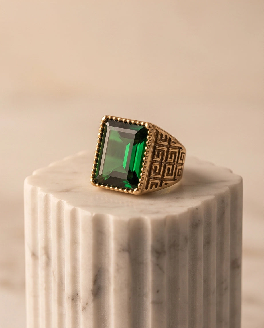 Emerald Cut Beaded-Rim Greek Key Gold Ring