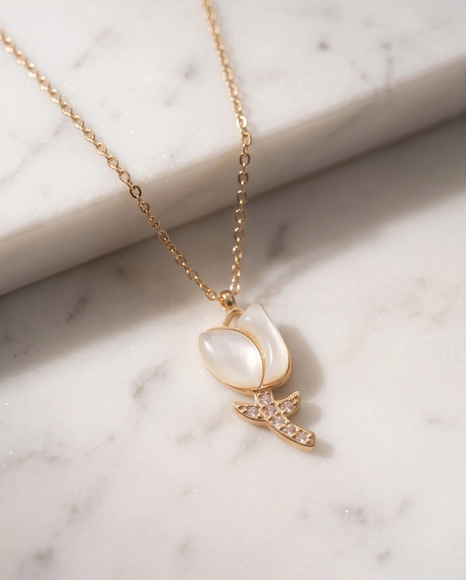 Gold Mother of Pearl Tulip Necklace