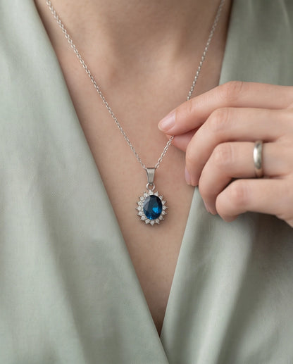Silver London Blue Oval Halo Medallion Pendant Necklace