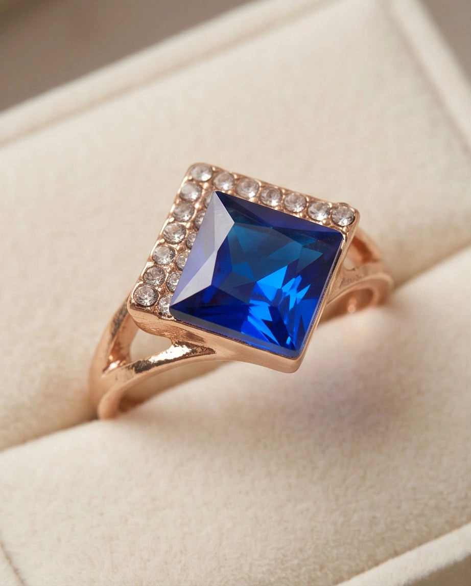 Gold Sapphire Princess-Cut Halo Ring