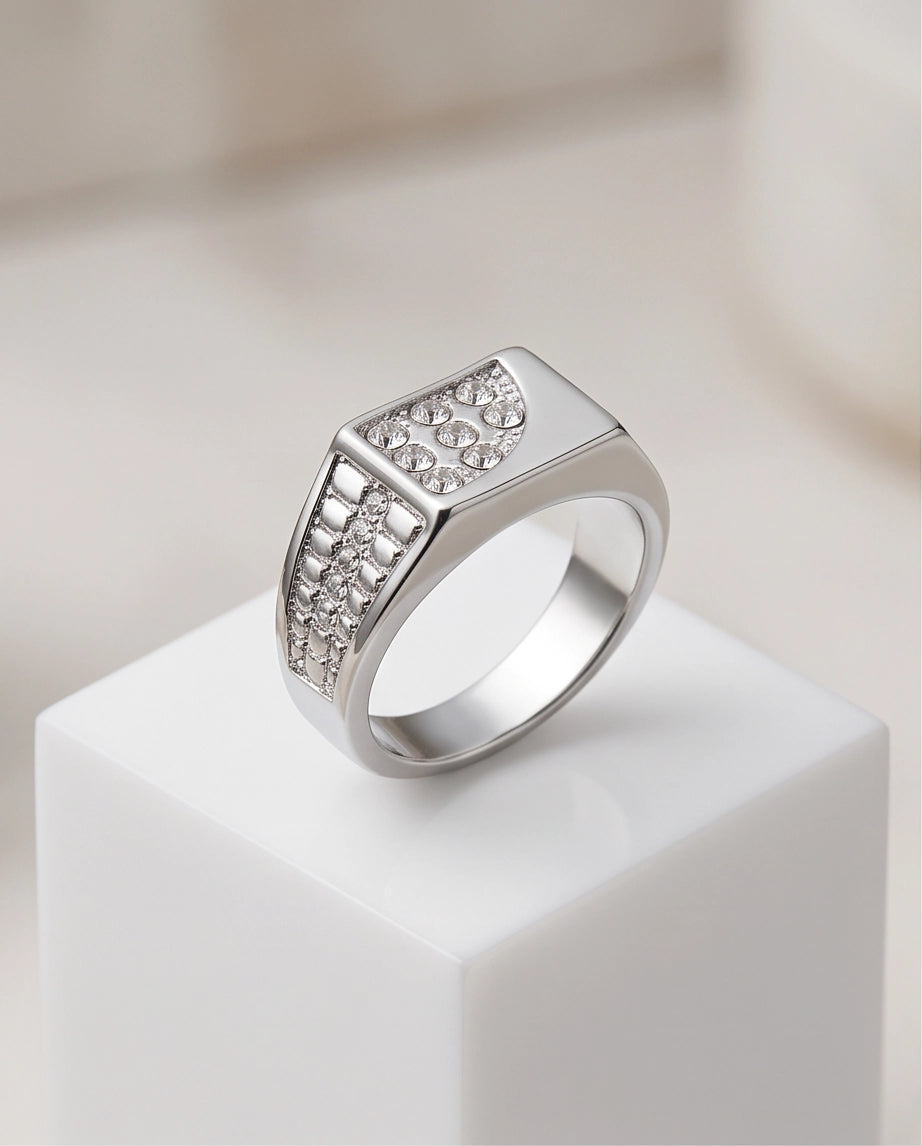Pavé Crystal Cluster Inlay Brick-Link Band Silver Ring
