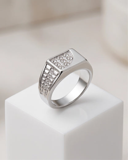 Pavé Crystal Cluster Inlay Brick-Link Band Silver Ring