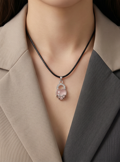 Pink Quartz Heart Bow Lock Pendant Necklace
