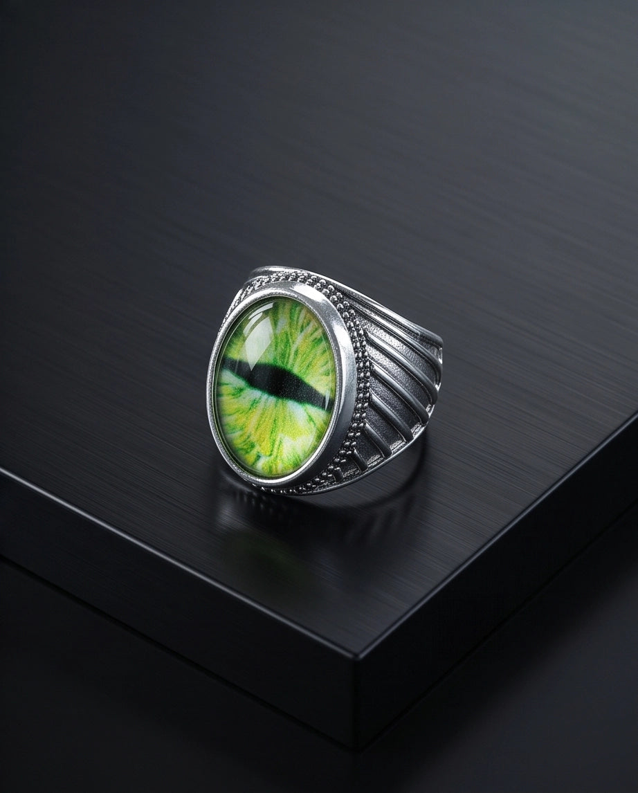 Emerald Serpent Eye Beaded Silver Ring