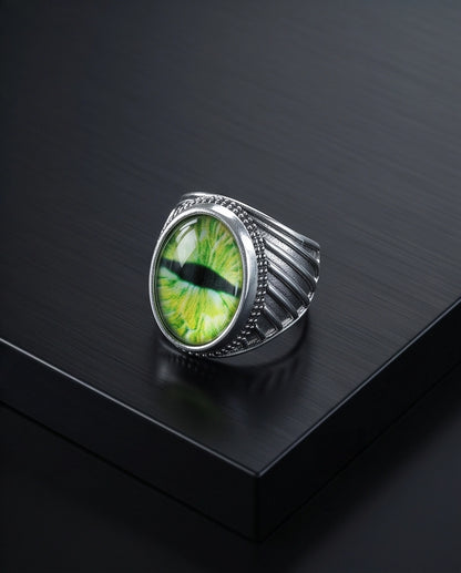 Emerald Serpent Eye Beaded Silver Ring