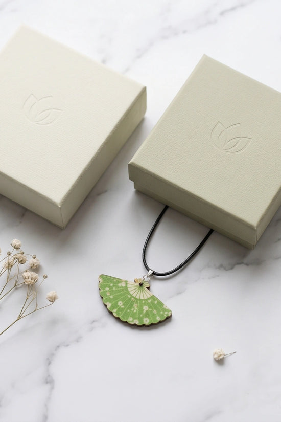 Vintage Green Matcha Floral Hand-Fan Pendant Necklace