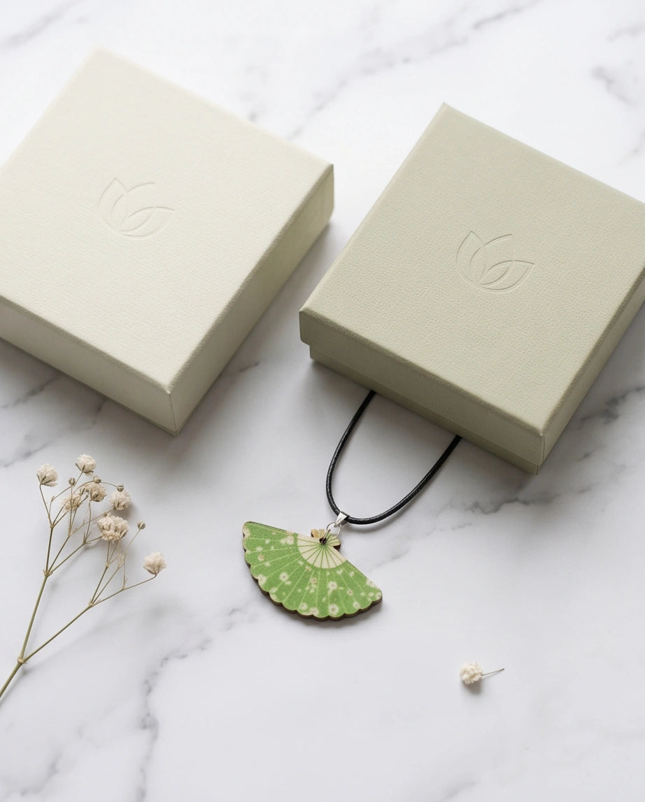 Vintage Green Matcha Floral Hand-Fan Pendant Necklace