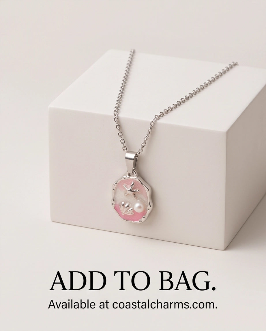 Silver Pink Seashell Starfish Pearl Enamel Medallion Chain Necklace