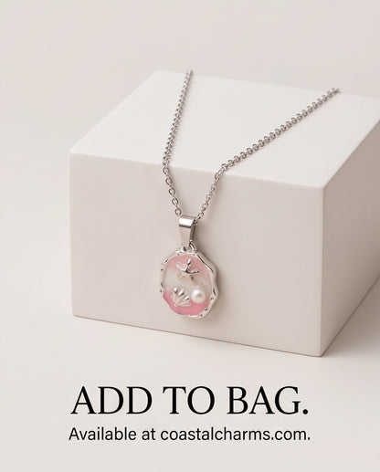Silver Pink Seashell Starfish Pearl Enamel Medallion Chain Necklace