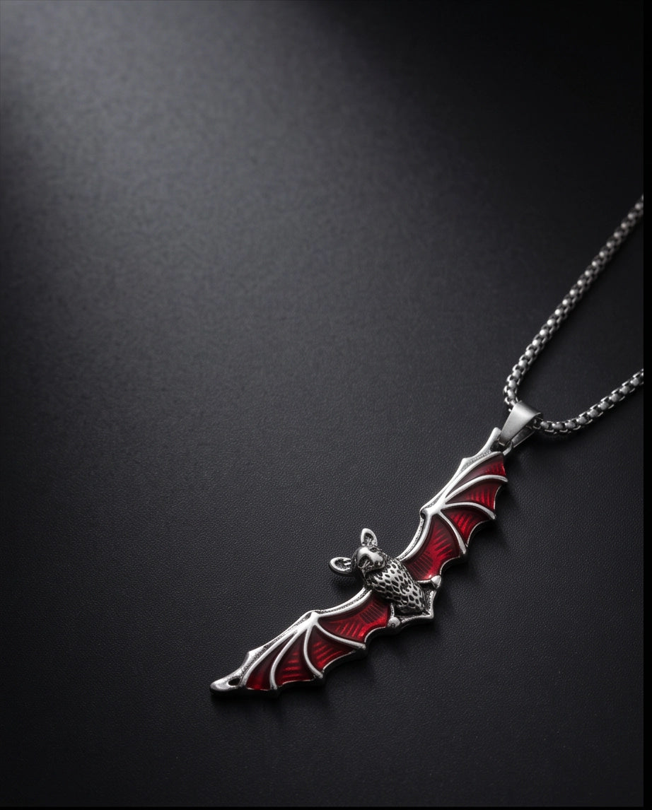 Silver Red Enamel Vampire Bat Pendant Necklace