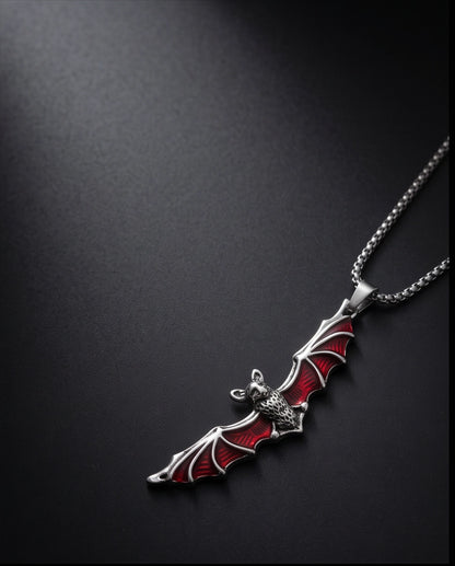 Silver Red Enamel Vampire Bat Pendant Necklace
