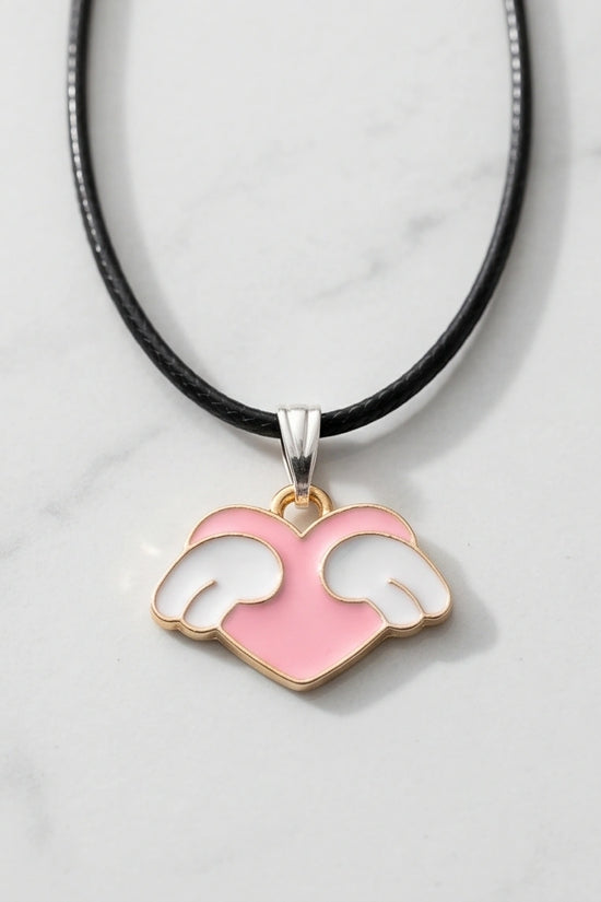 Pink Enamel Angel Winged Heart Pendant Necklace