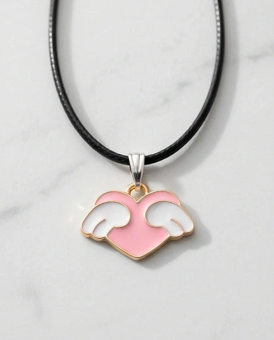 Pink Enamel Angel Winged Heart Pendant Necklace