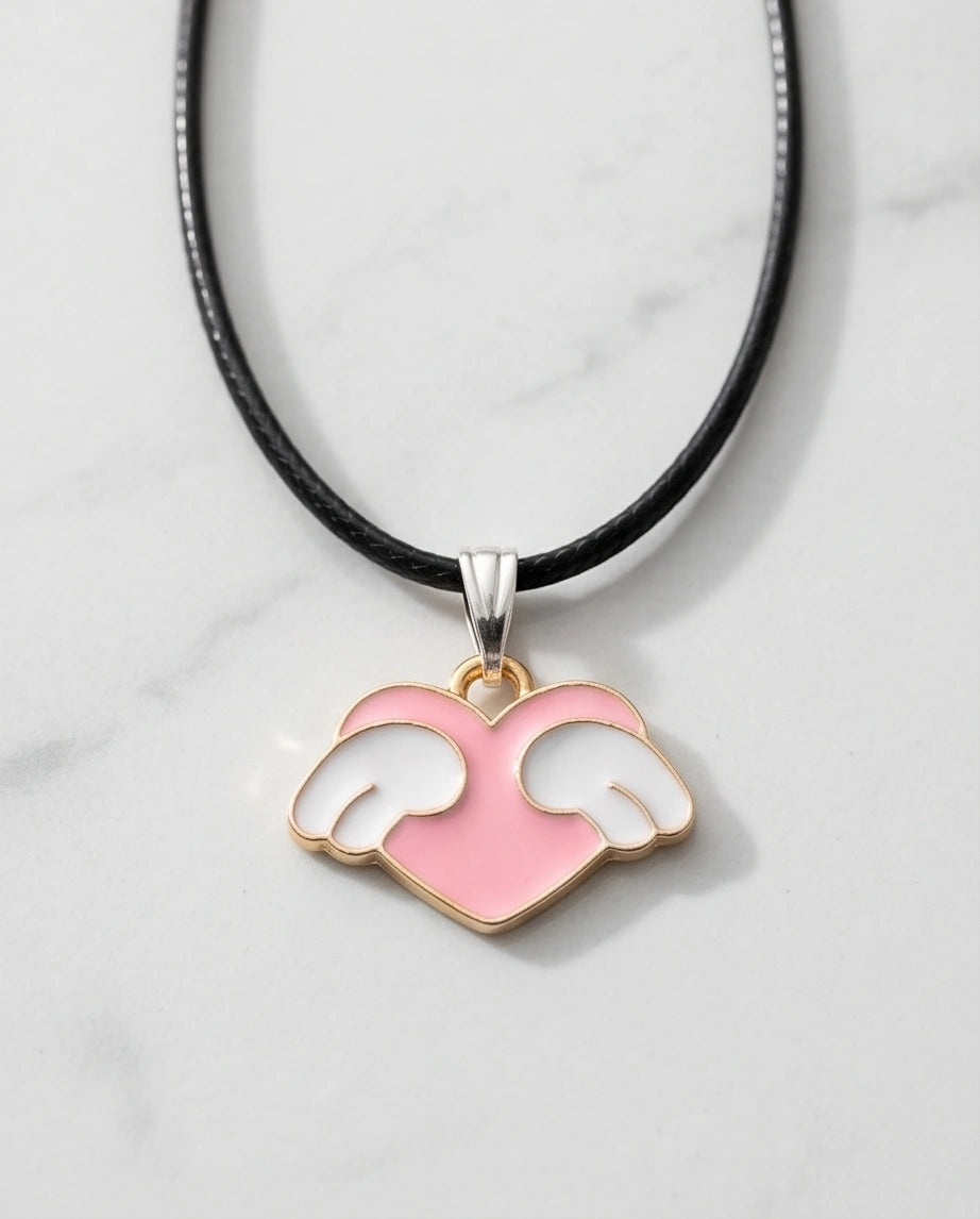Pink Enamel Angel Winged Heart Pendant Necklace