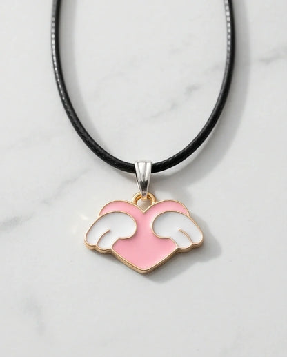 Pink Enamel Angel Winged Heart Pendant Necklace