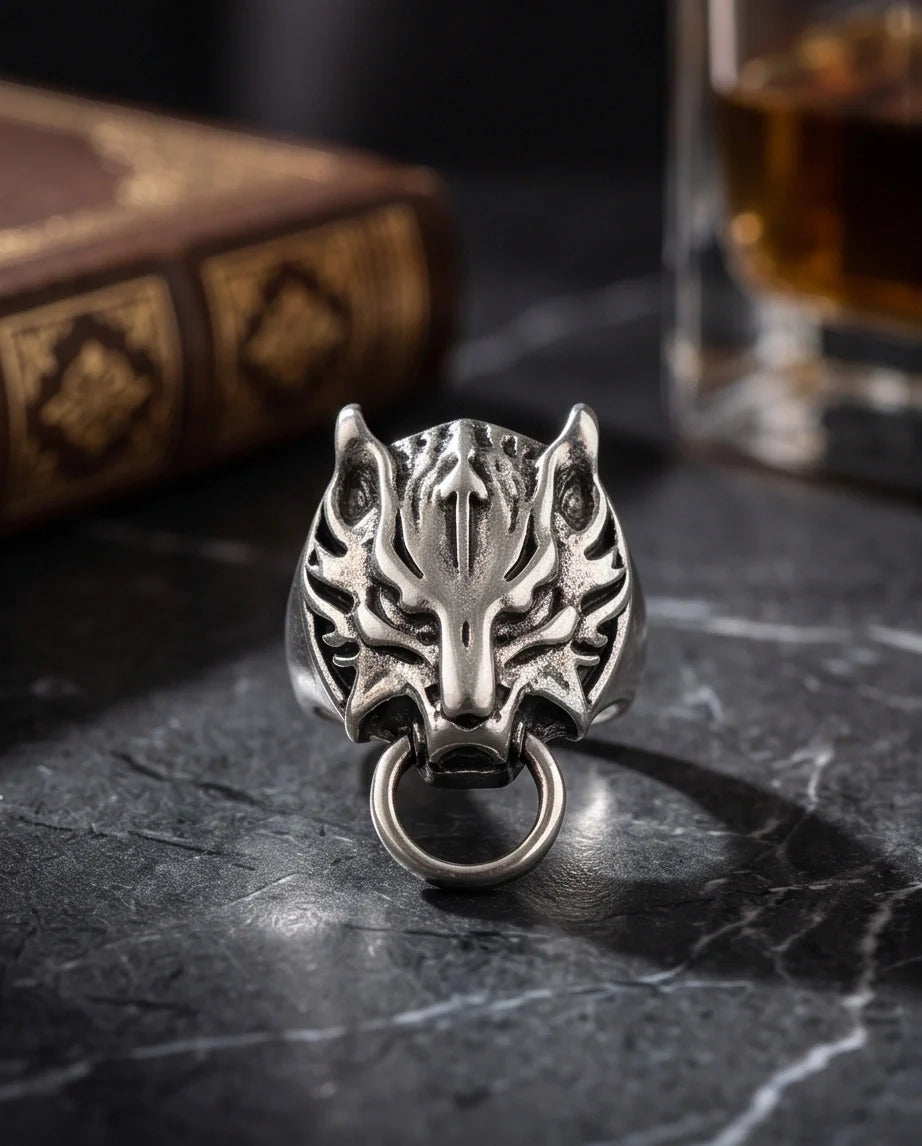 Vintage Silver Oxidized Viking Wolf Door Knocker Ring