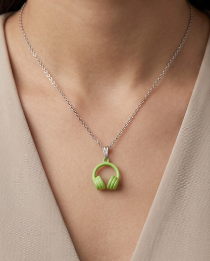Lime Green Headphones Enamel Pendant Necklace