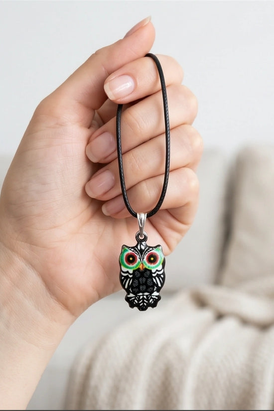 Mystic Green-Eyed Tribal Owl Pendant Necklace