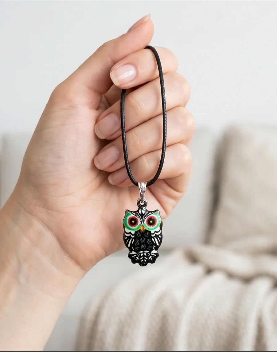 Mystic Green-Eyed Tribal Owl Pendant Necklace