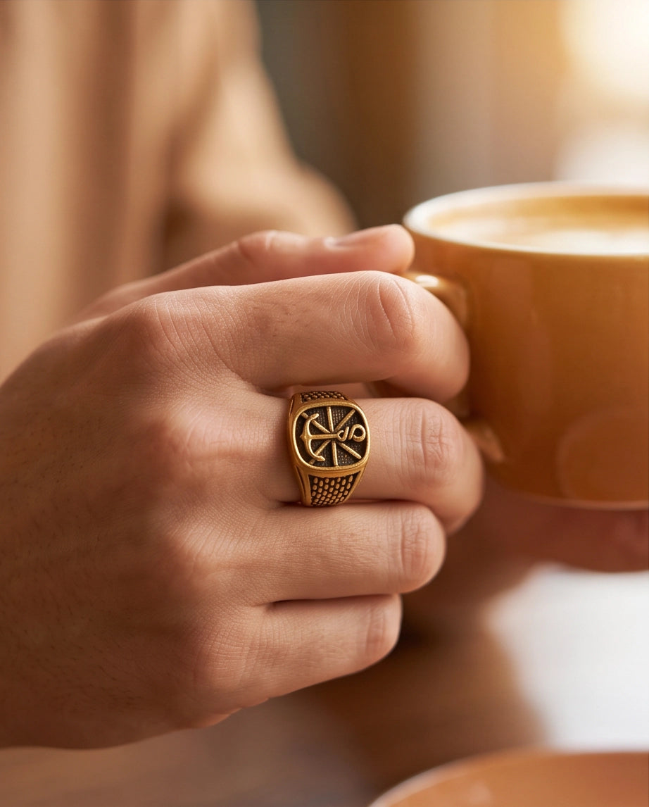 Anchor Sunburst Cushion Gold Signet Ring