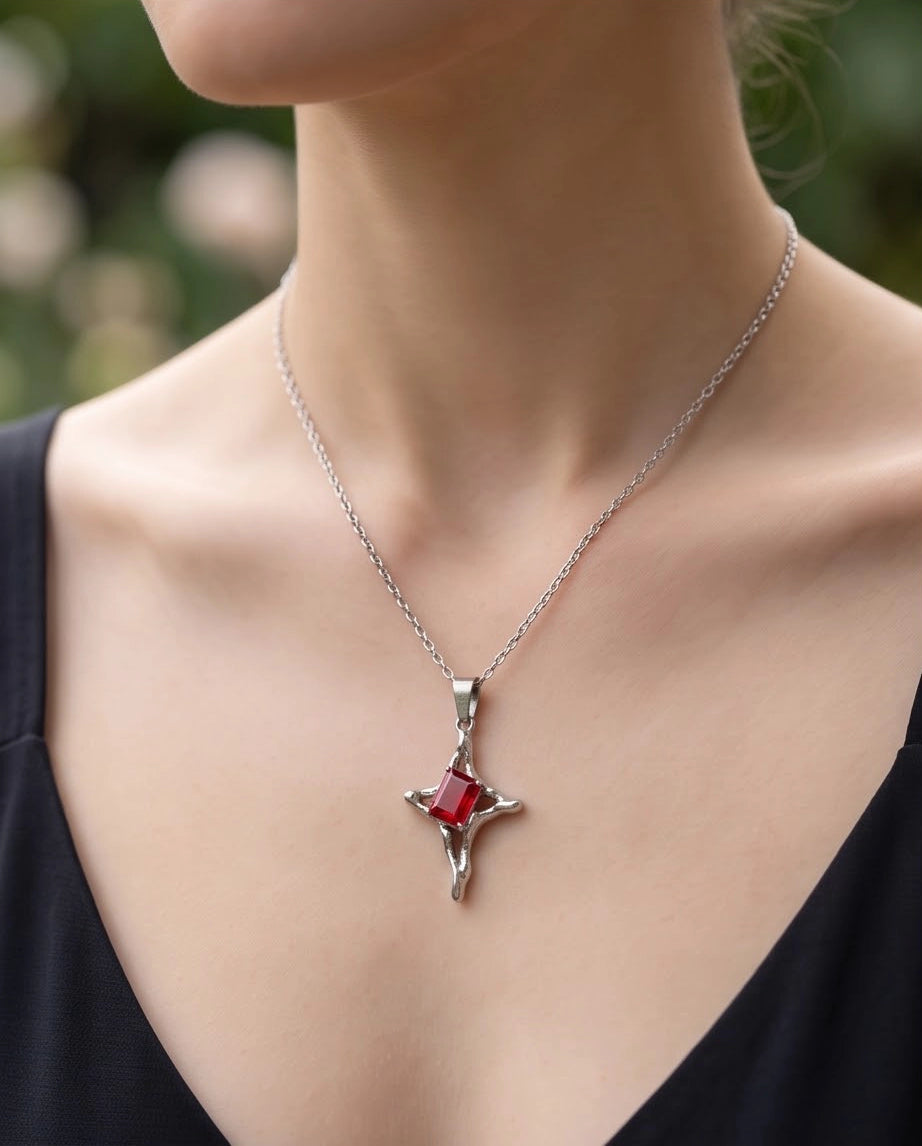 Silver Red Gemstone Gothic Cross Pendant Necklace