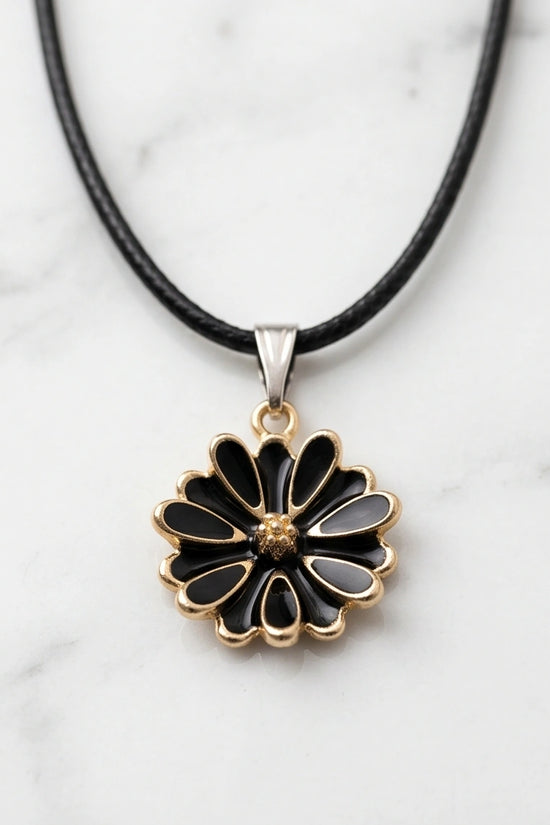 Gold and Black Sunflower Pendant Necklace