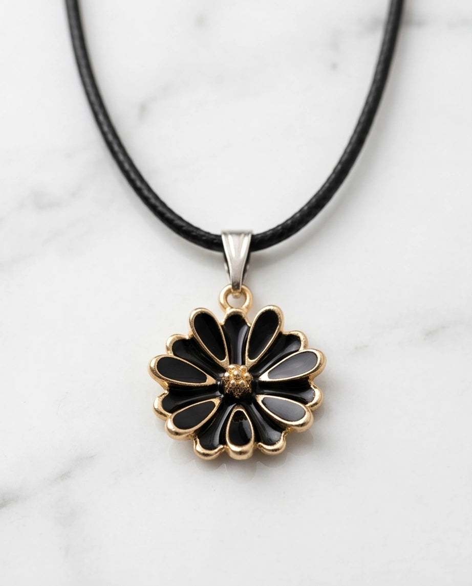 Gold and Black Sunflower Pendant Necklace