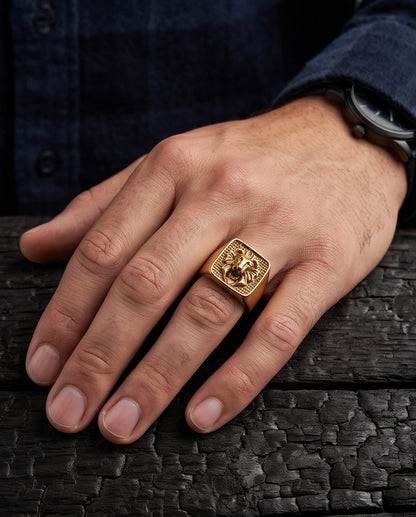 Sovereign Lion Stippled Cushion Signet Ring
