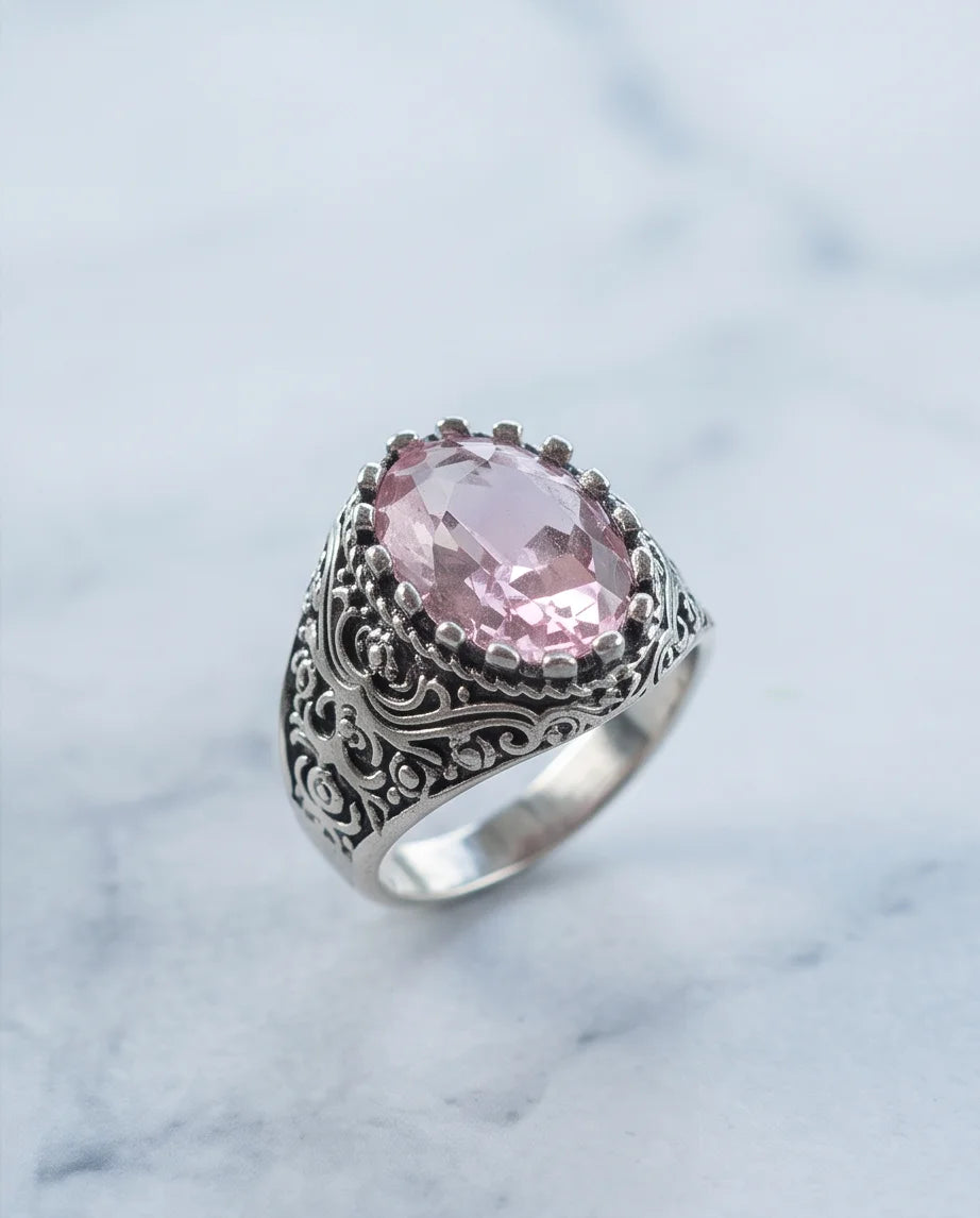 Morganite Gemstone Notched Bezel Scrollwork Silver Ring