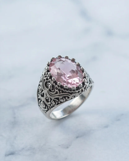 Morganite Gemstone Notched Bezel Scrollwork Silver Ring