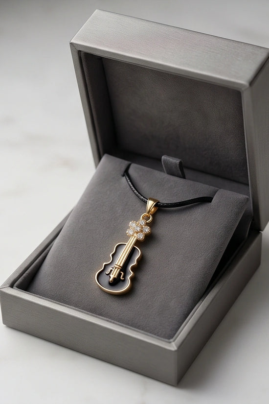 Gold and Black Enamel Violin Necklace