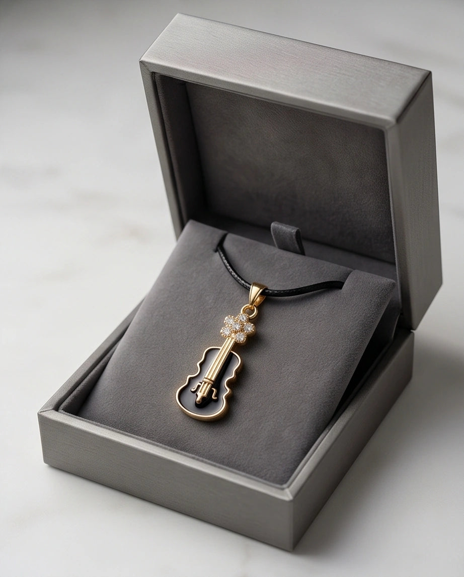 Gold and Black Enamel Violin Necklace