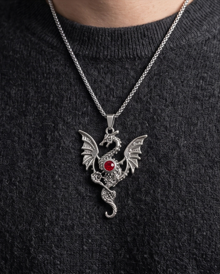 Silver Red Gemstone Dragon Pendant Necklace