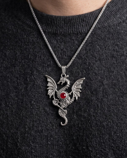 Silver Red Gemstone Dragon Pendant Necklace